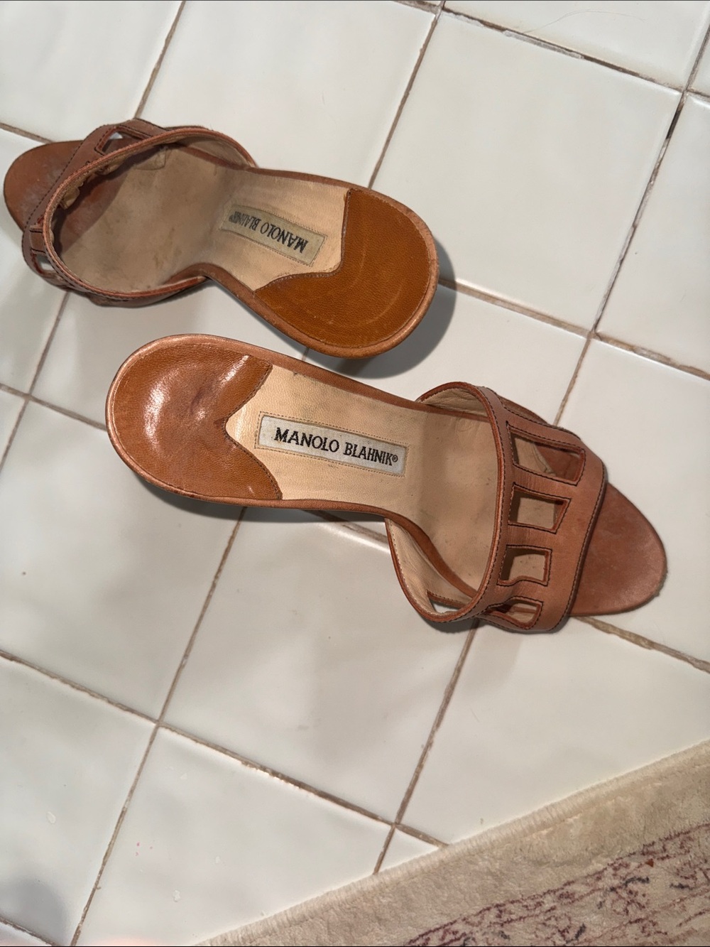 MANOLO BLAHNIK TAN LEATHER HEELS SLIDES MILES SANDALS SZ 6